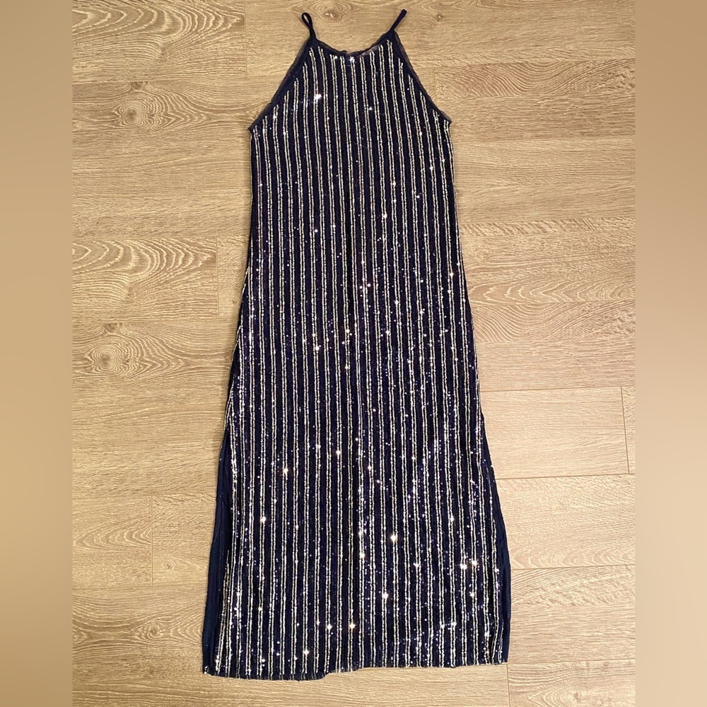 NEW LALAVON. BLUE SILVER SEQUIN LONG HALTER SIDE SPLIT MAXI LONG DRESS PARTY S